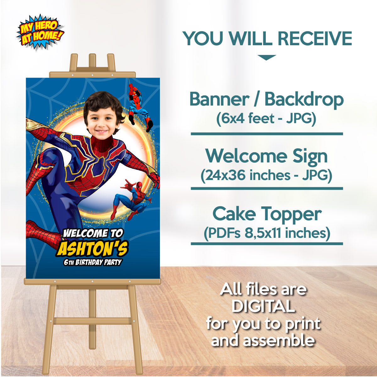 Bundle Iron Spiderman Party decoration with birthday kid as the star: Banner Backdrop, Cake Topper and Welcome Sign. 555B4