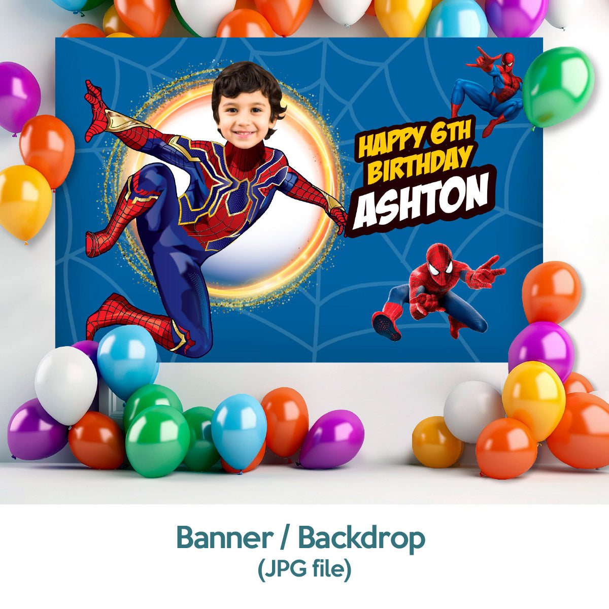 Bundle Iron Spiderman Party decoration with birthday kid as the star: Banner Backdrop, Cake Topper and Welcome Sign. 555B4