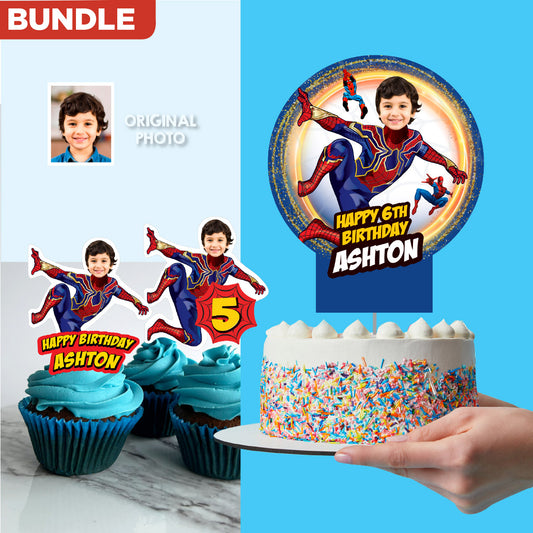 Bundle Matching Cupcake and Cake toppers for a Iron Spiderman-themed birthday party with kid as the star. 555B5
