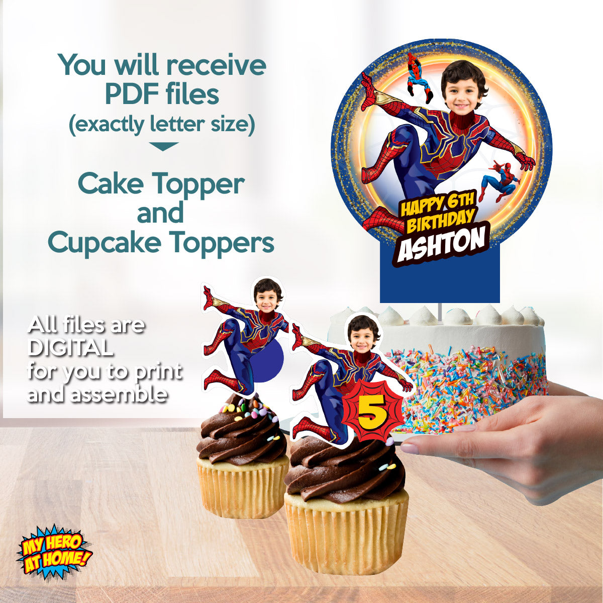 Bundle Matching Cupcake and Cake toppers for a Iron Spiderman-themed birthday party with kid as the star. 555B5