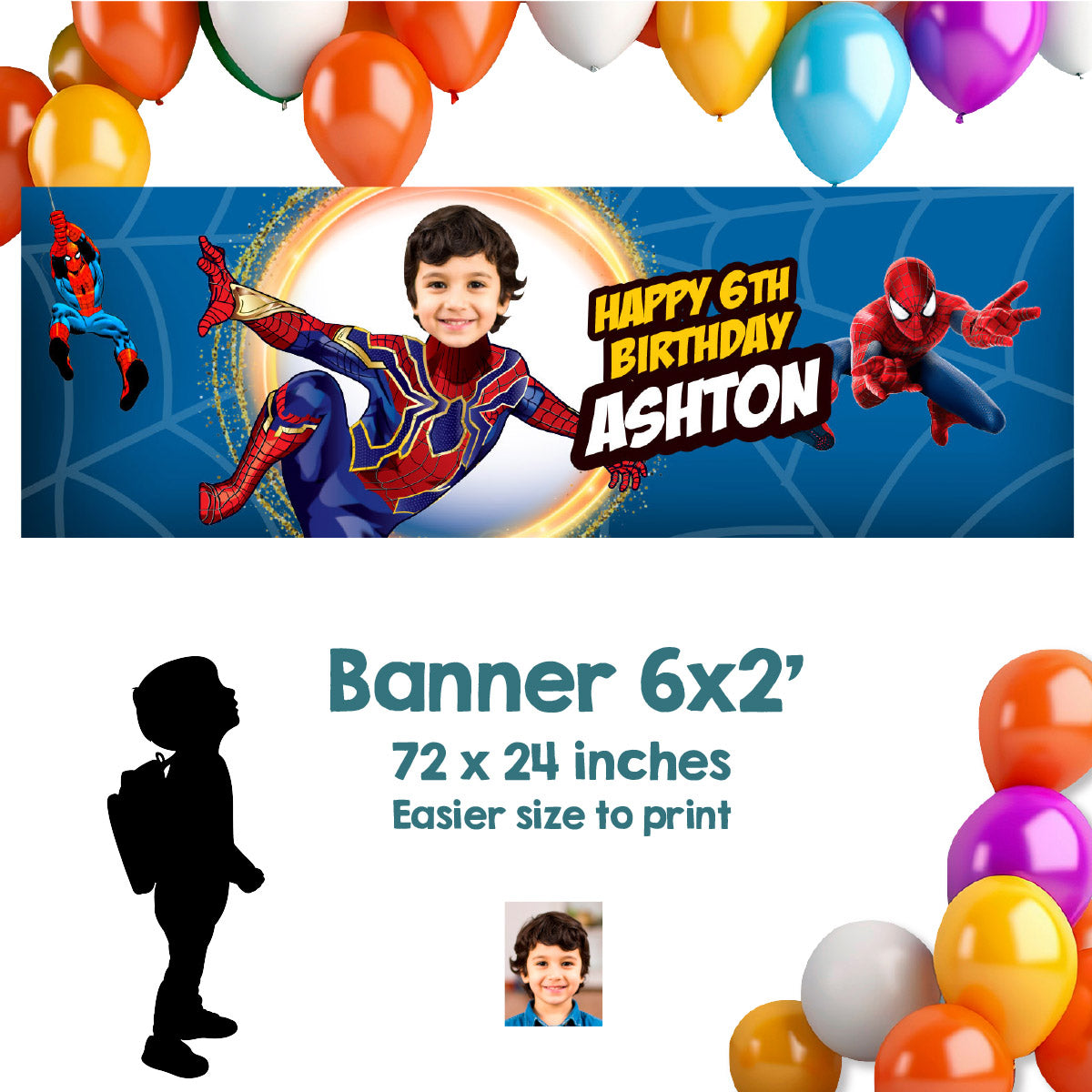 Spiderverse birthday party banner customized with your kid as Spiderman (6x2', Horizontal, Easy to print). 555BBH