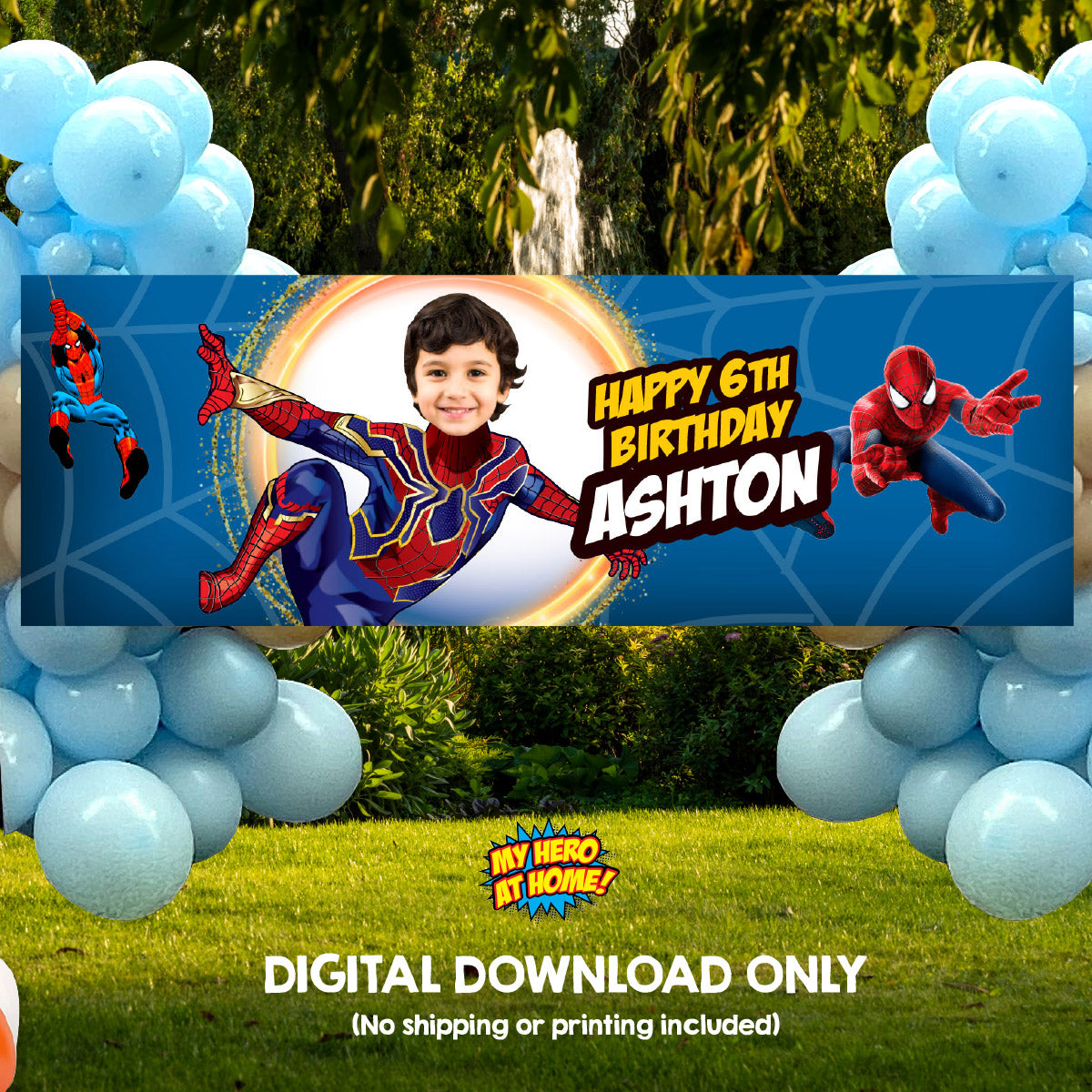 Spiderverse birthday party banner customized with your kid as Spiderman (6x2', Horizontal, Easy to print). 555BBH