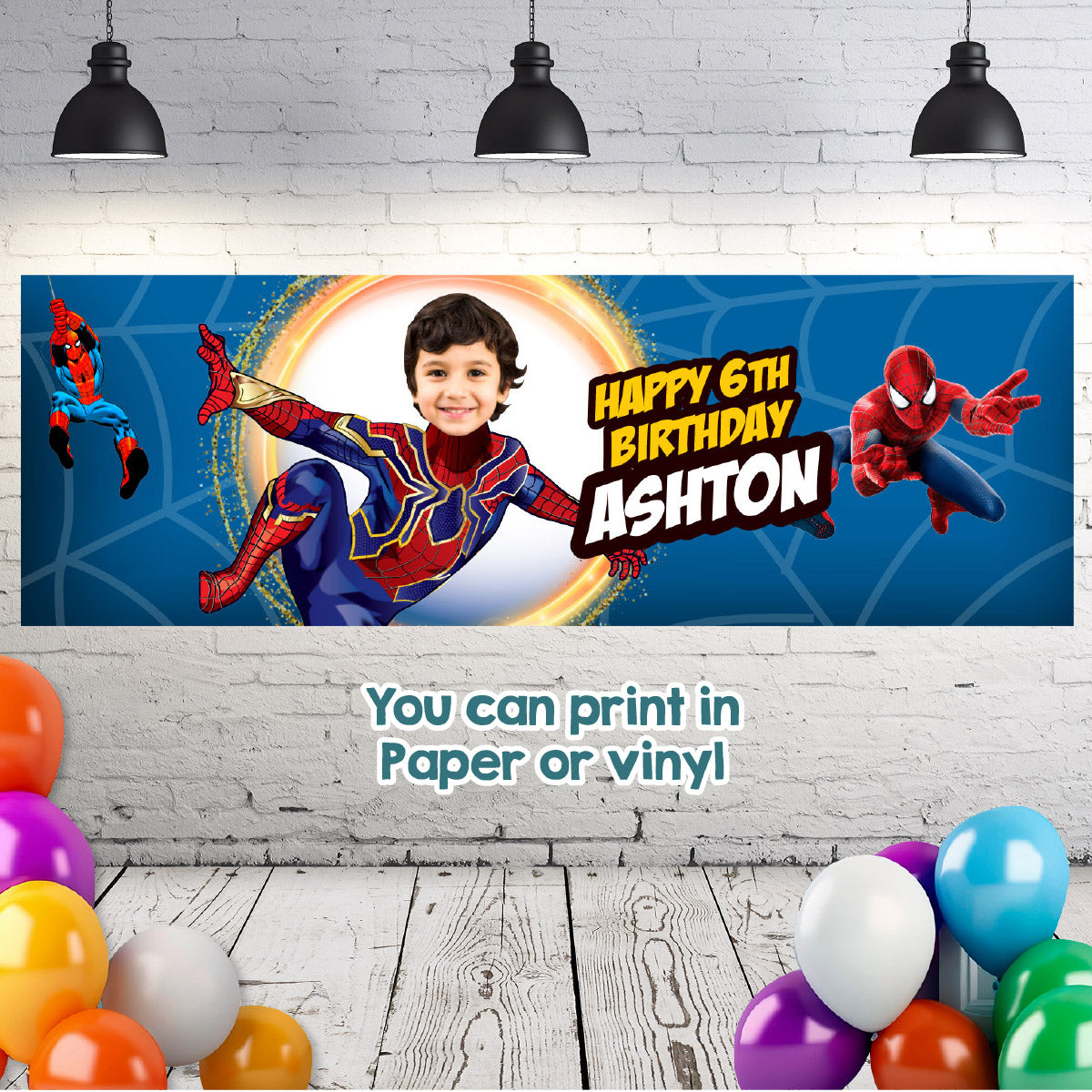 Spiderverse birthday party banner customized with your kid as Spiderman (6x2', Horizontal, Easy to print). 555BBH
