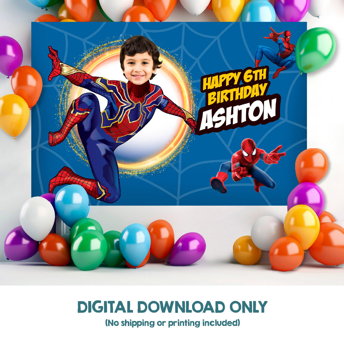 Iron Spiderman No Way Home Banner Backdrop featuring birthday kid as Spiderman. 555BB