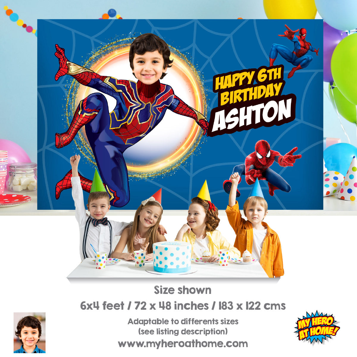 Iron Spiderman No Way Home Banner Backdrop featuring birthday kid as Spiderman. 555BB