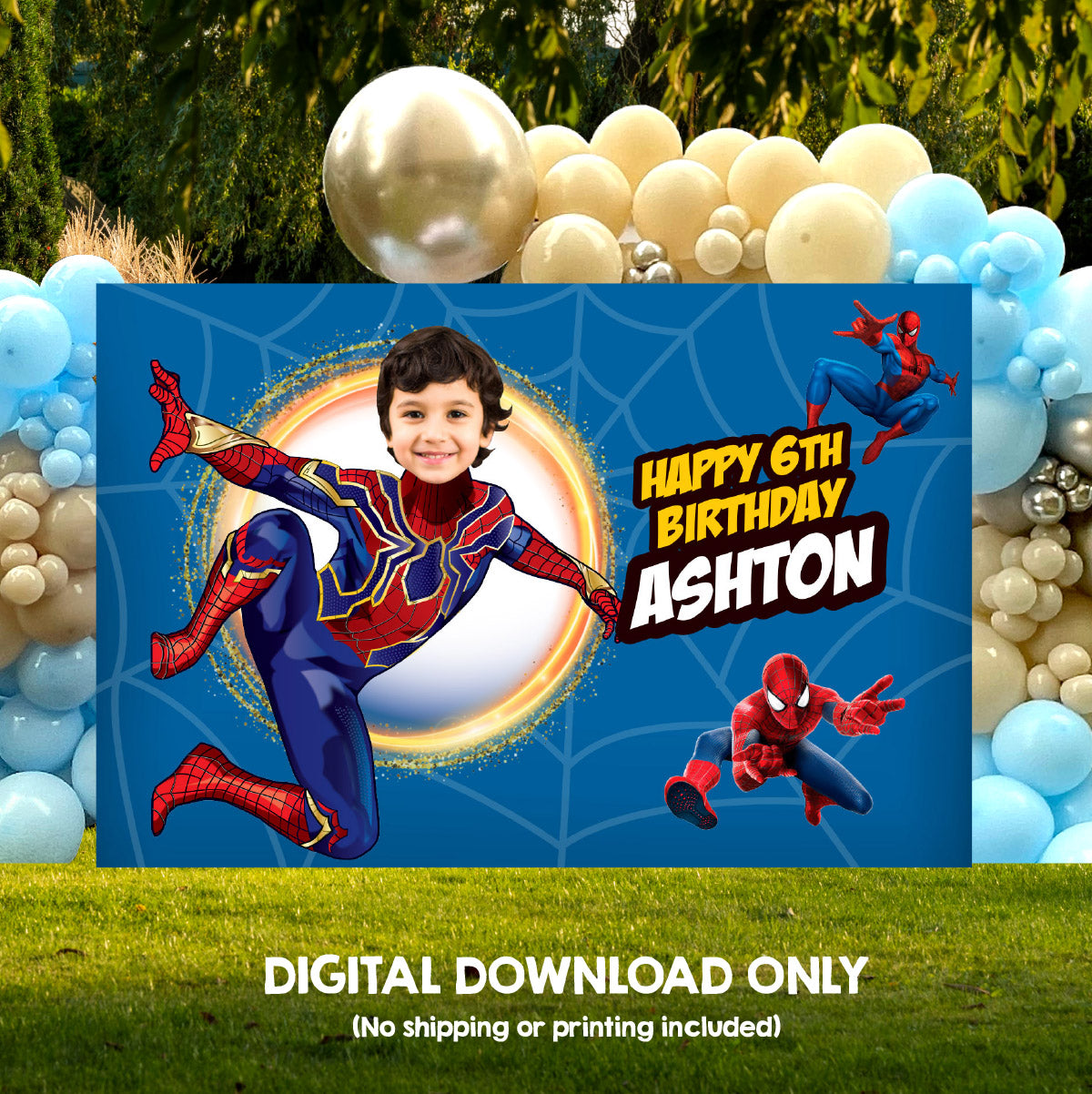 Iron Spiderman No Way Home Banner Backdrop featuring birthday kid as Spiderman. 555BB