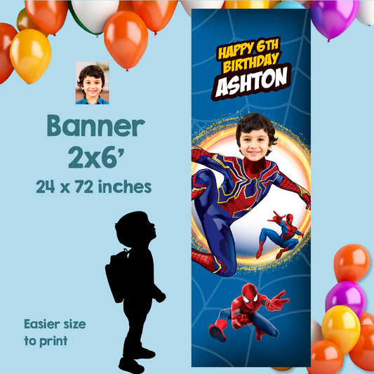 Customized No Way Home vertical birthday banner with birthday kid as Iron Spiderman (Portrait, Roll up banner). 555BBV