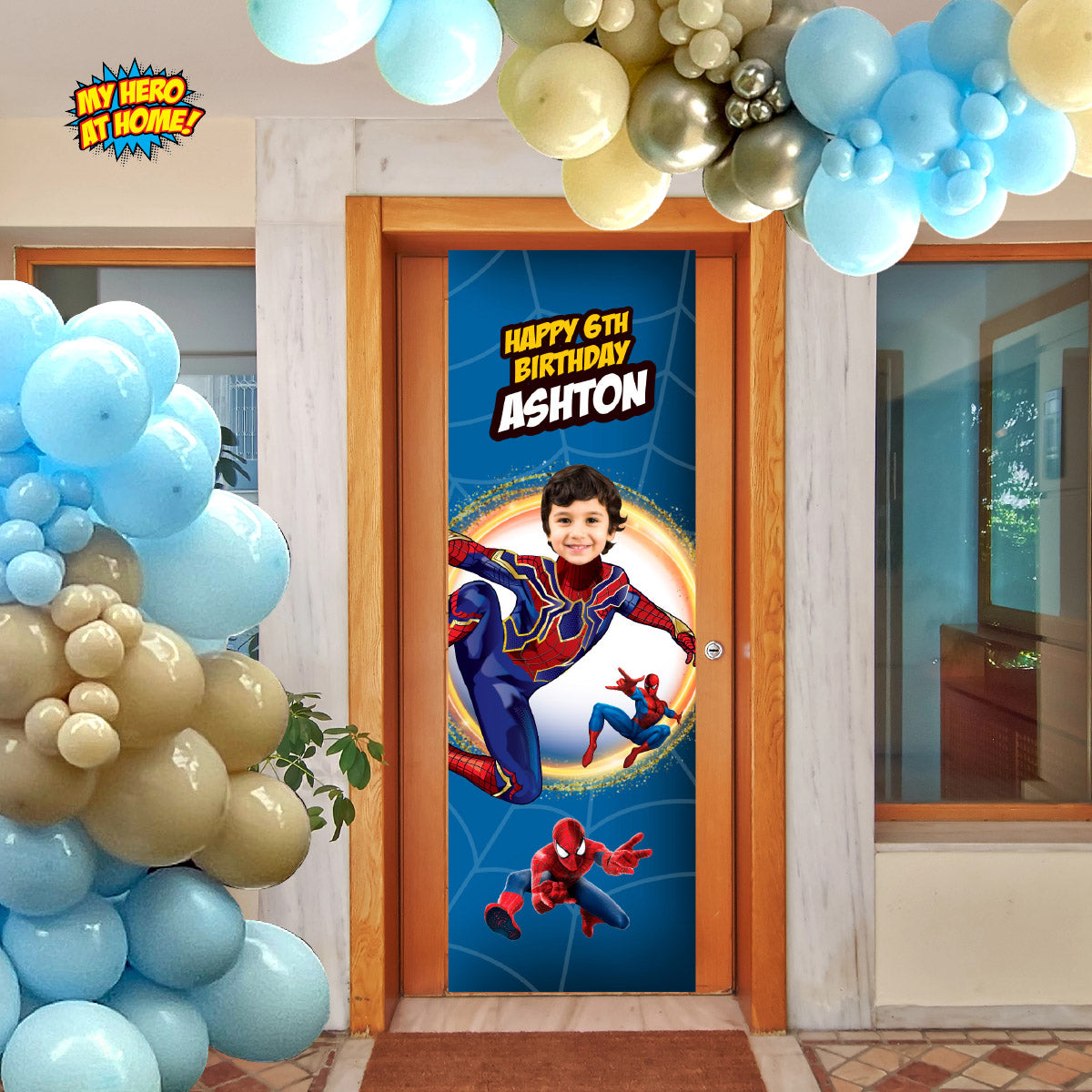 Customized No Way Home vertical birthday banner with birthday kid as Iron Spiderman (Portrait, Roll up banner). 555BBV