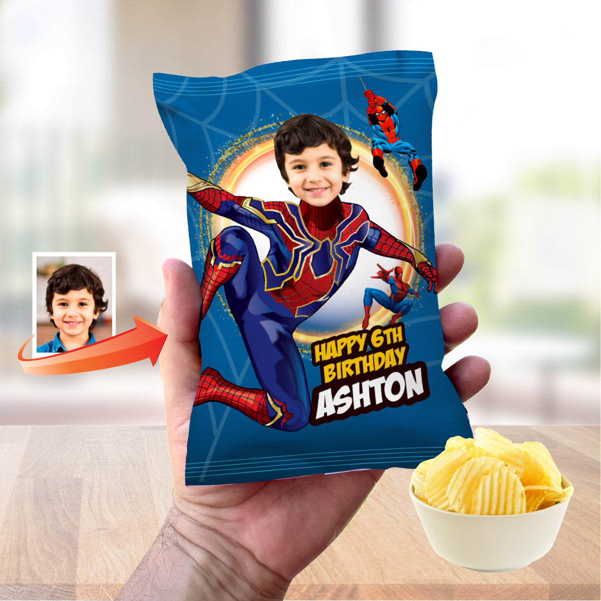 Bundle Iron Spiderman Party table with kid as the Superhero, Cake Topper, snacks labels, Chip bags, Party favors. 555B1