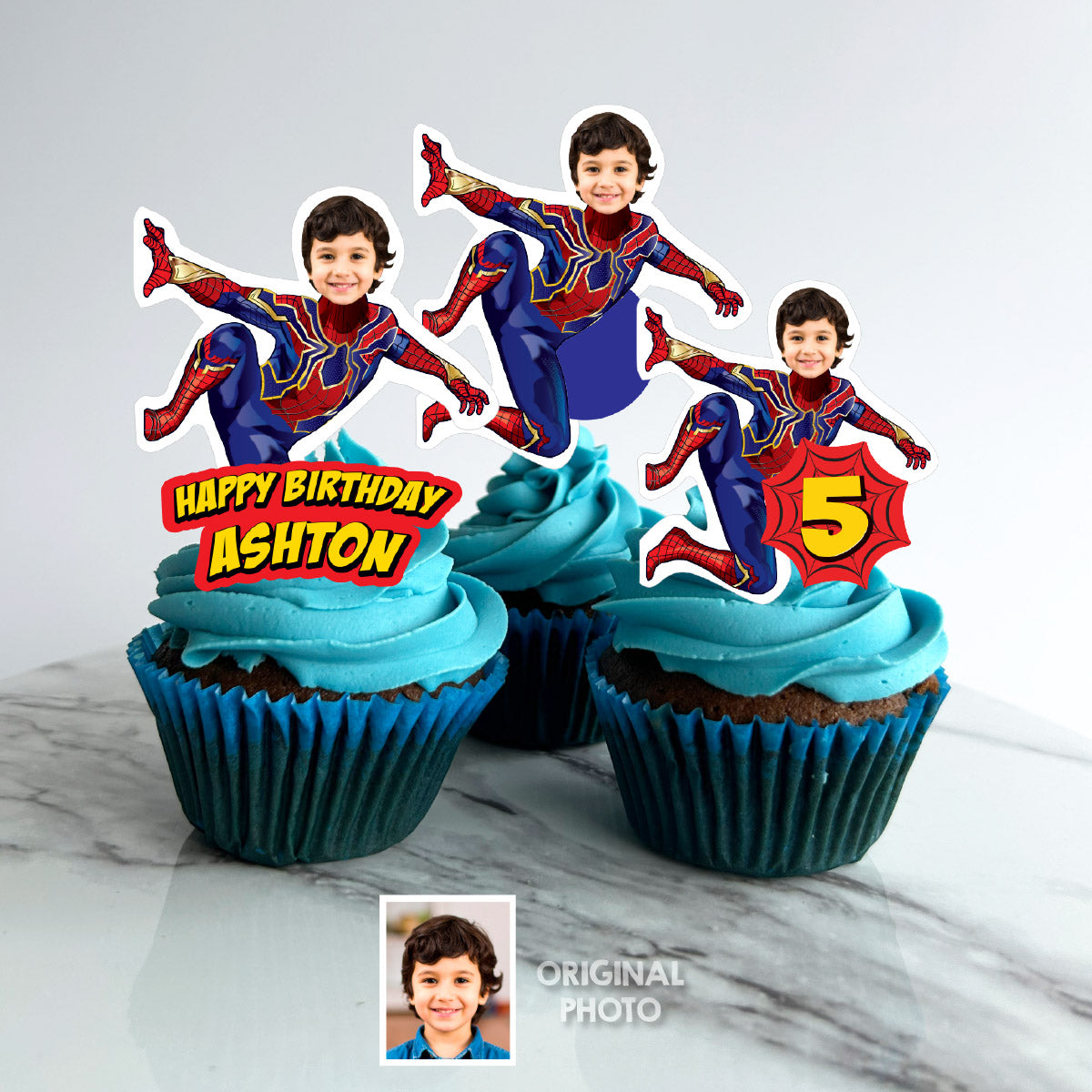 Bundle Matching Cupcake and Cake toppers for a Iron Spiderman-themed birthday party with kid as the star. 555B5