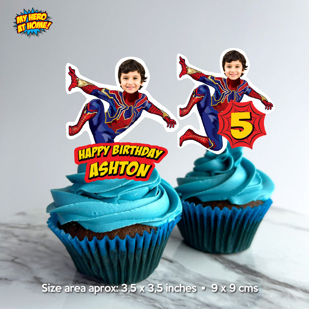 Personalized Iron Spiderman Cupcakes topper with your kid as his favorite superhero. 555CK