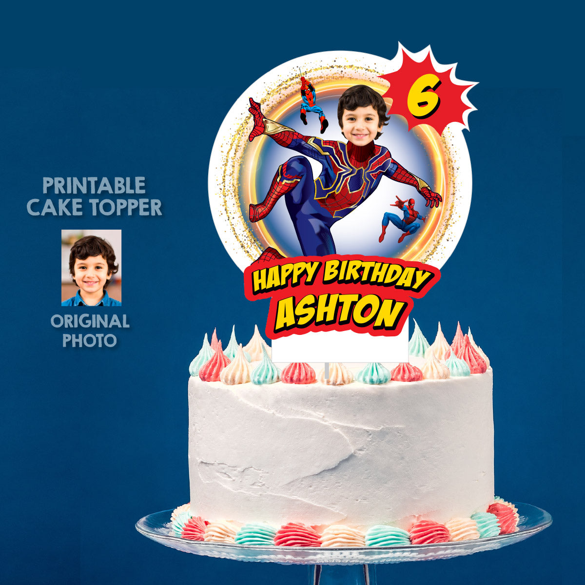 Spiderman No Way Home Cake topper featuring kid as Spiderman, Custom Spiderverse cake. 555CT2