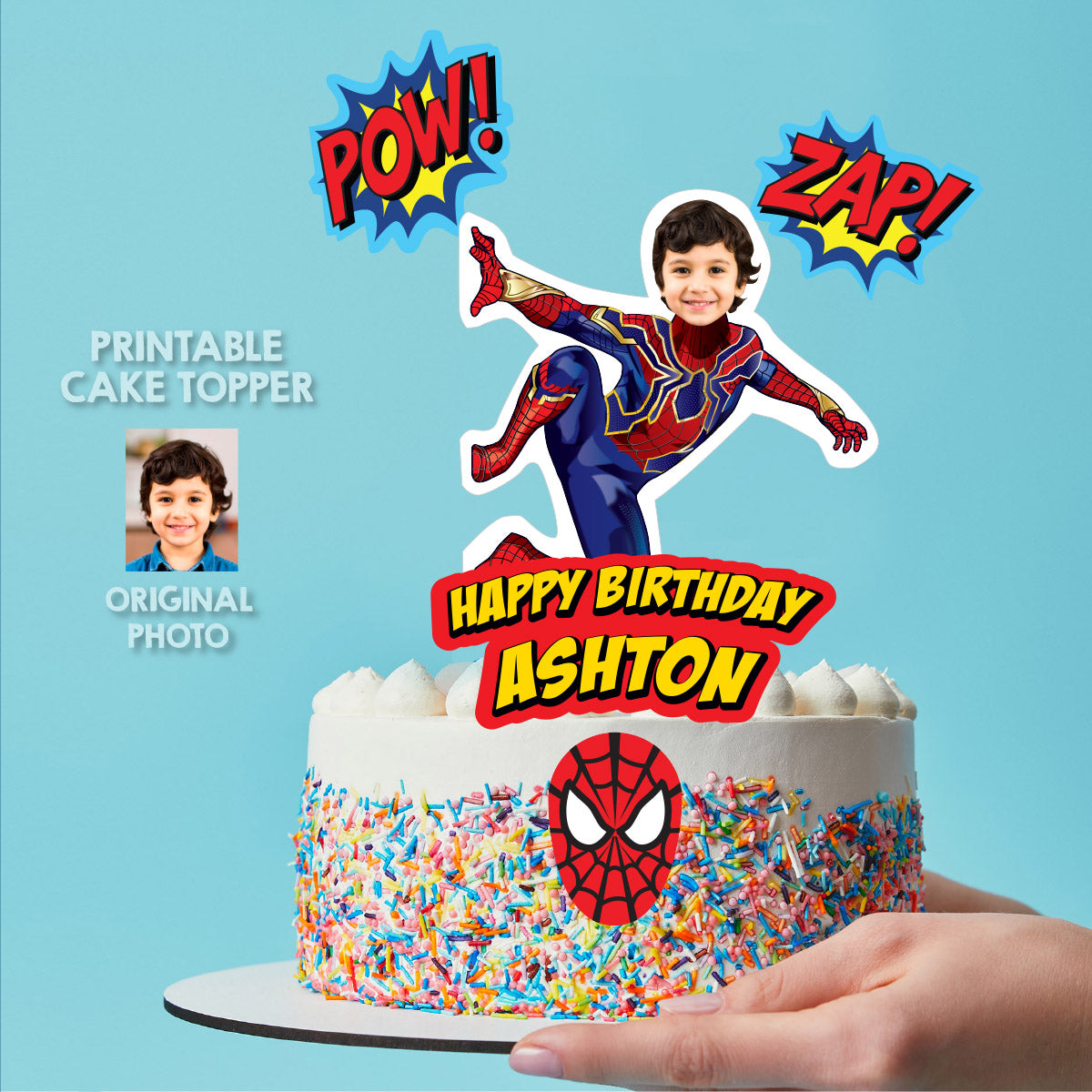 Spiderman No Way Home Cake topper featuring kid as Spiderman, Custom Spiderverse cake. 555CT2