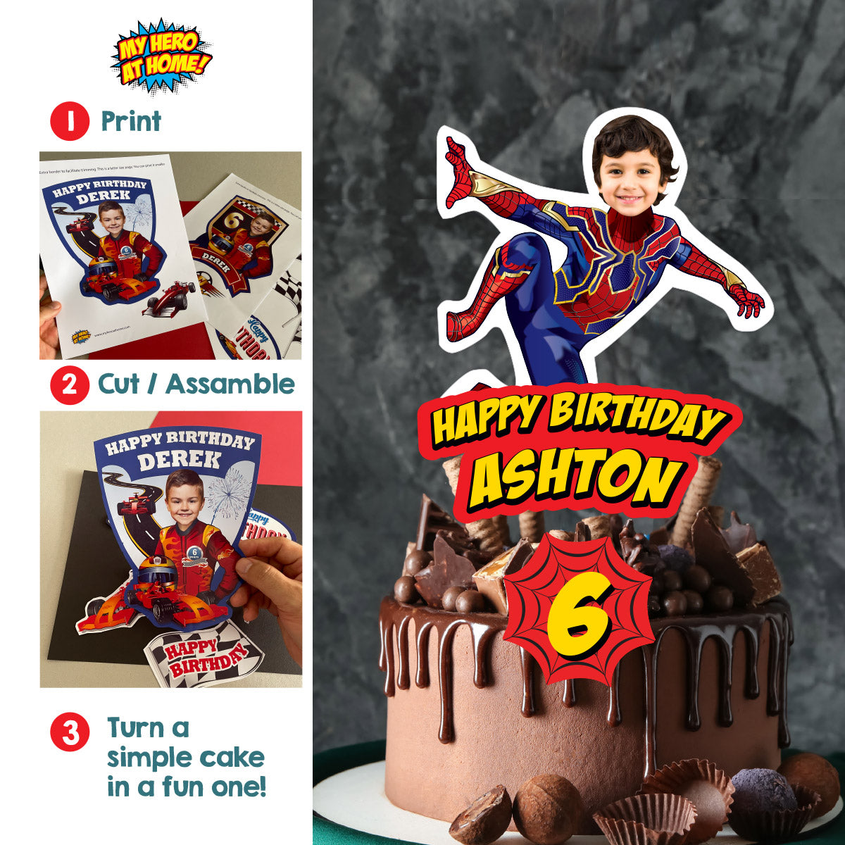 Spiderman No Way Home Cake topper featuring kid as Spiderman, Custom Spiderverse cake. 555CT2