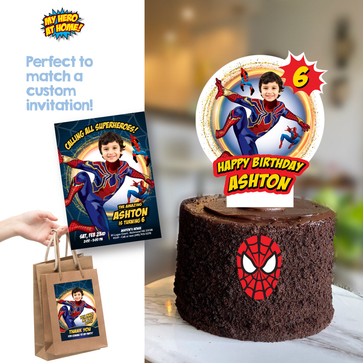 Spiderman No Way Home Cake topper featuring kid as Spiderman, Custom Spiderverse cake. 555CT2
