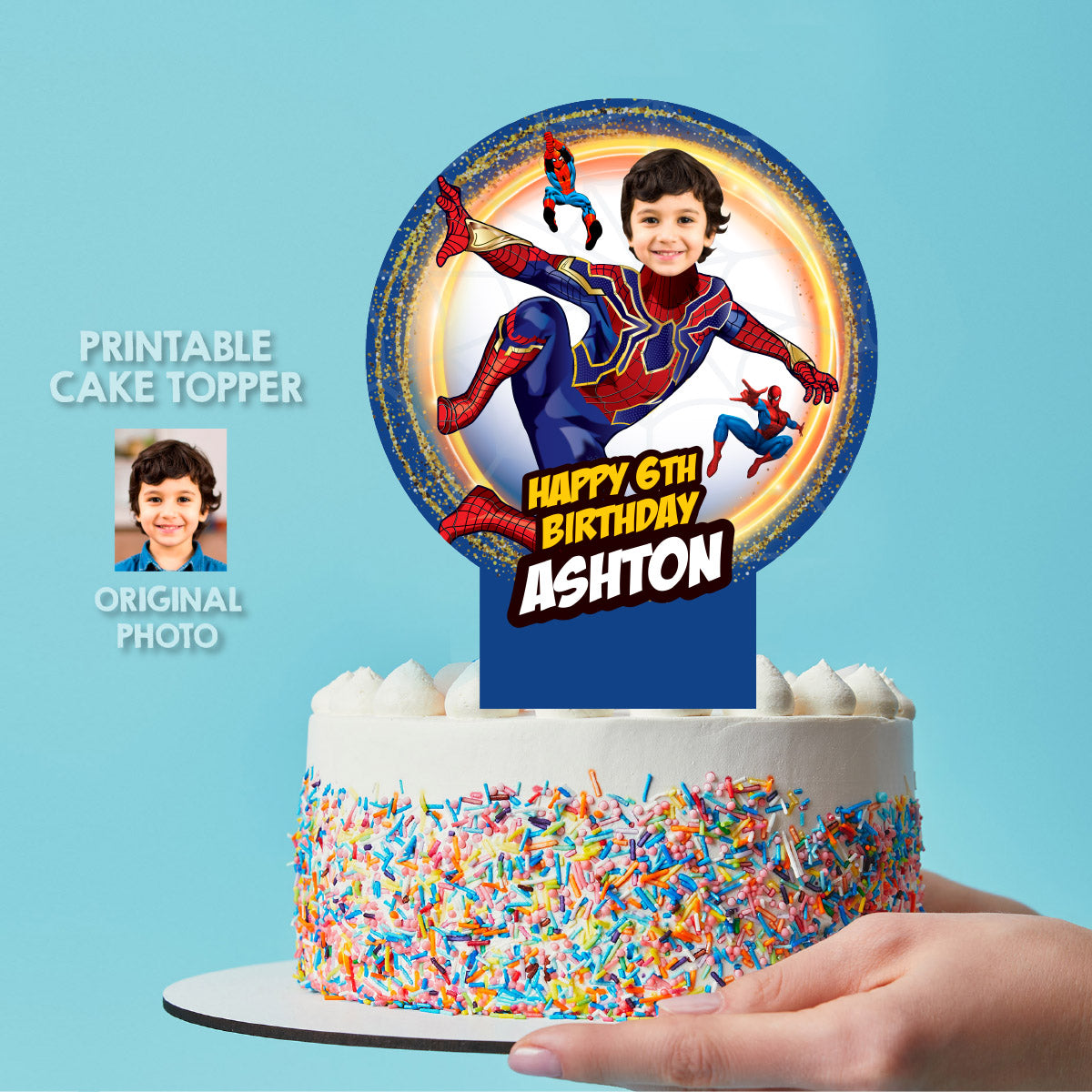 Bundle Iron Spiderman Party table with kid as the Superhero, Cake Topper, snacks labels, Chip bags, Party favors. 555B1