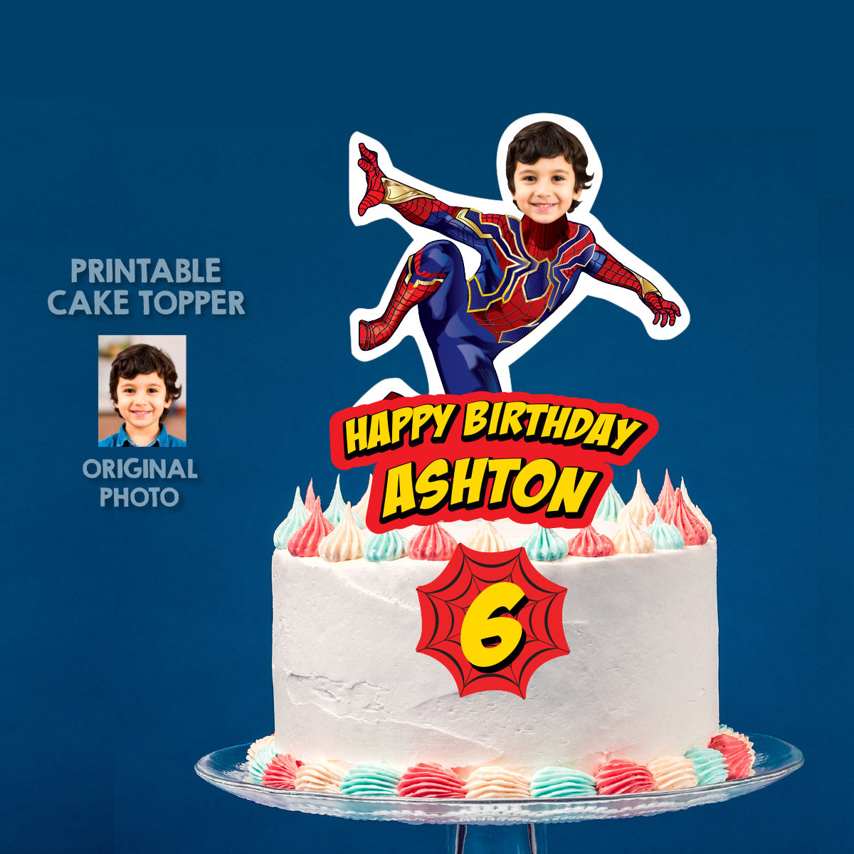 Custom Iron Spiderman Cake topper with kid as a cute Spider-man, Spiderverse photo cake. 555CT