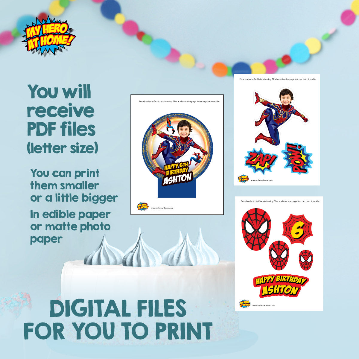 Bundle Iron Spiderman Party table with kid as the Superhero, Cake Topper, snacks labels, Chip bags, Party favors. 555B1