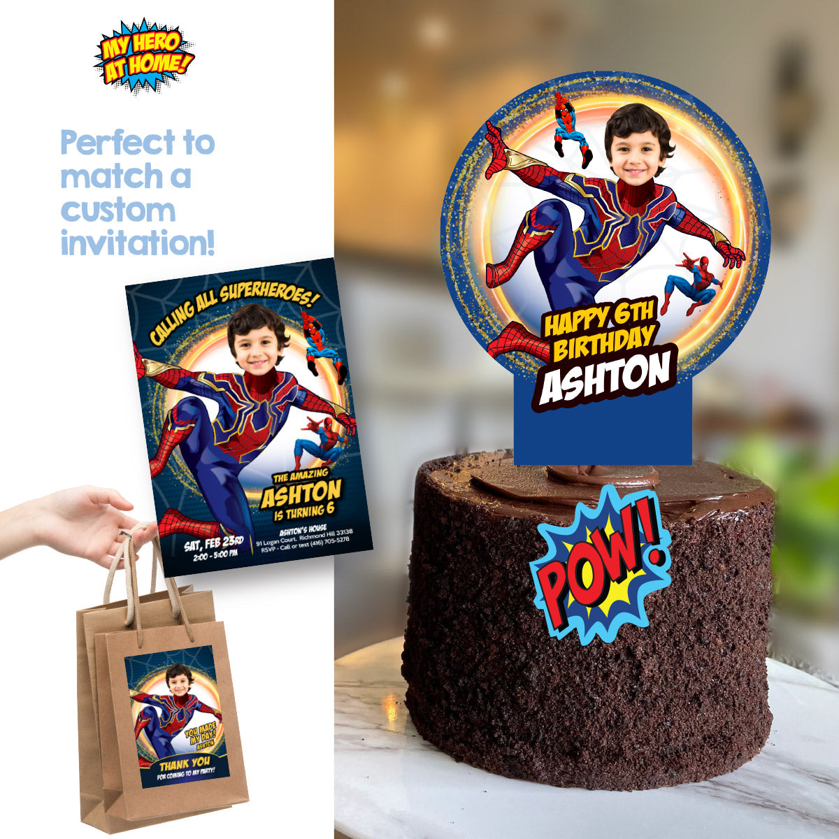 Custom Iron Spiderman Cake topper with kid as a cute Spider-man, Spiderverse photo cake. 555CT