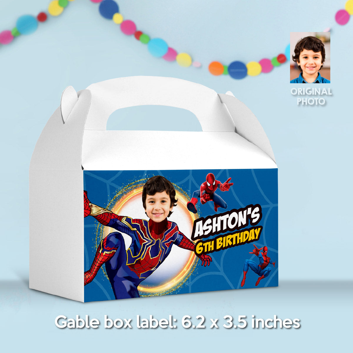 Personalized Iron Spiderman Candy box party favor label, Spiderverse Gable Box with photo. 555GB