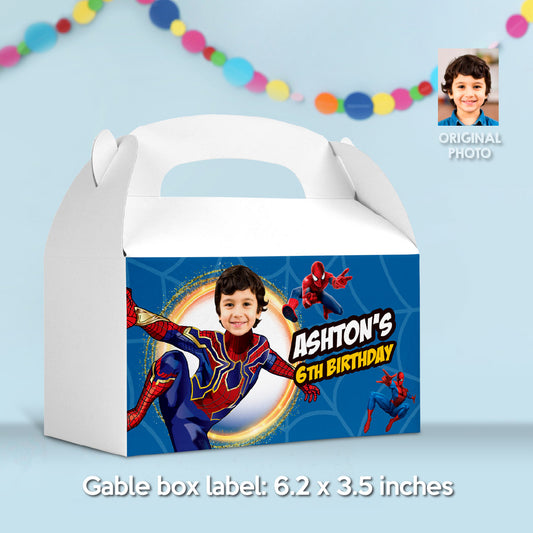 Personalized Iron Spiderman Candy box party favor label, Spiderverse Gable Box with photo. 555GB
