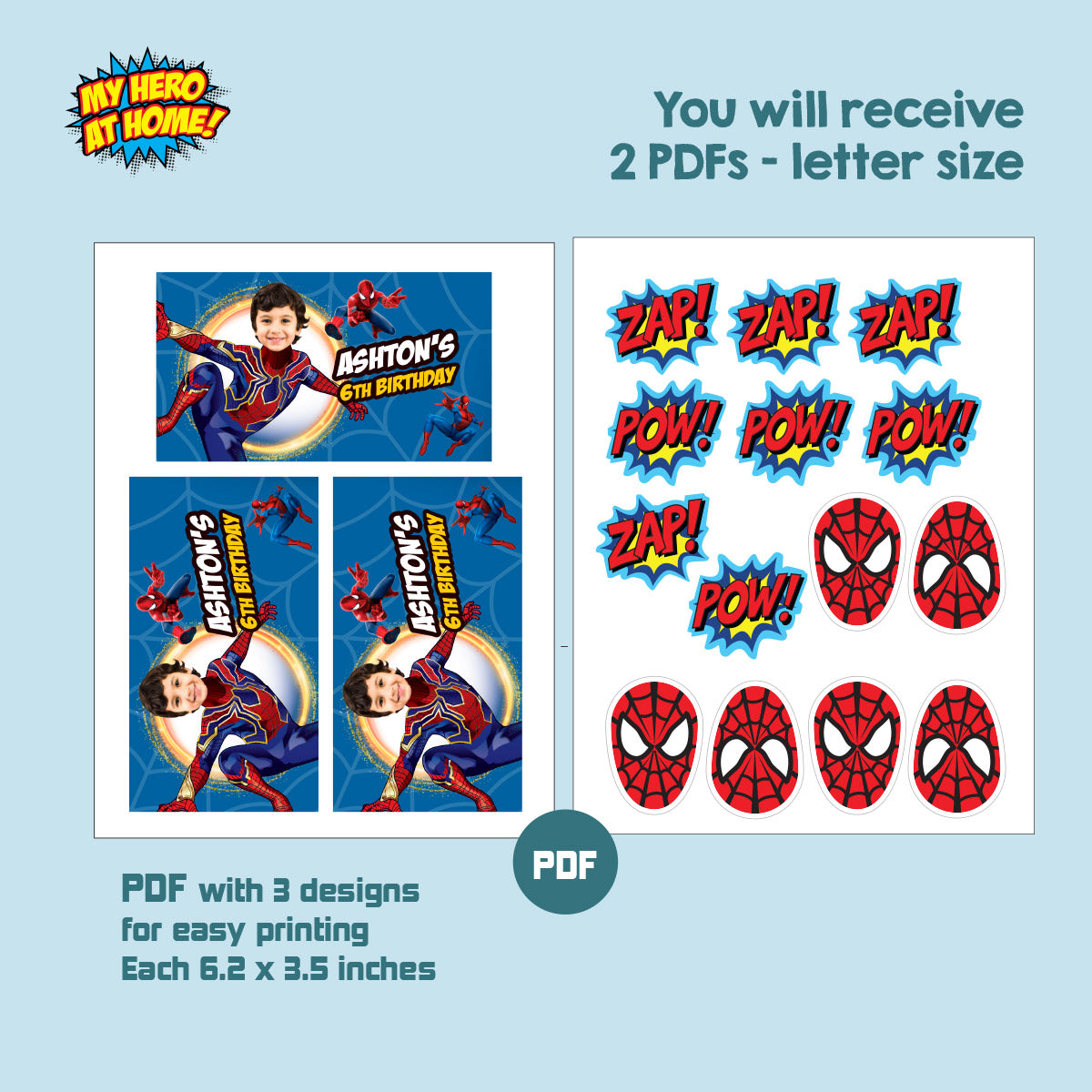 Bundle Iron Spiderman Party table with kid as the Superhero, Cake Topper, snacks labels, Chip bags, Party favors. 555B1