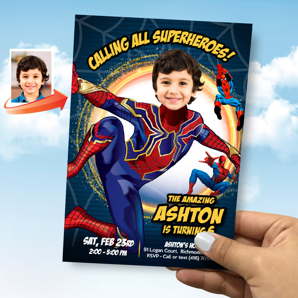 Iron Spiderman party Invitation with birthday boy as the main character (printable, Digital). 555IN