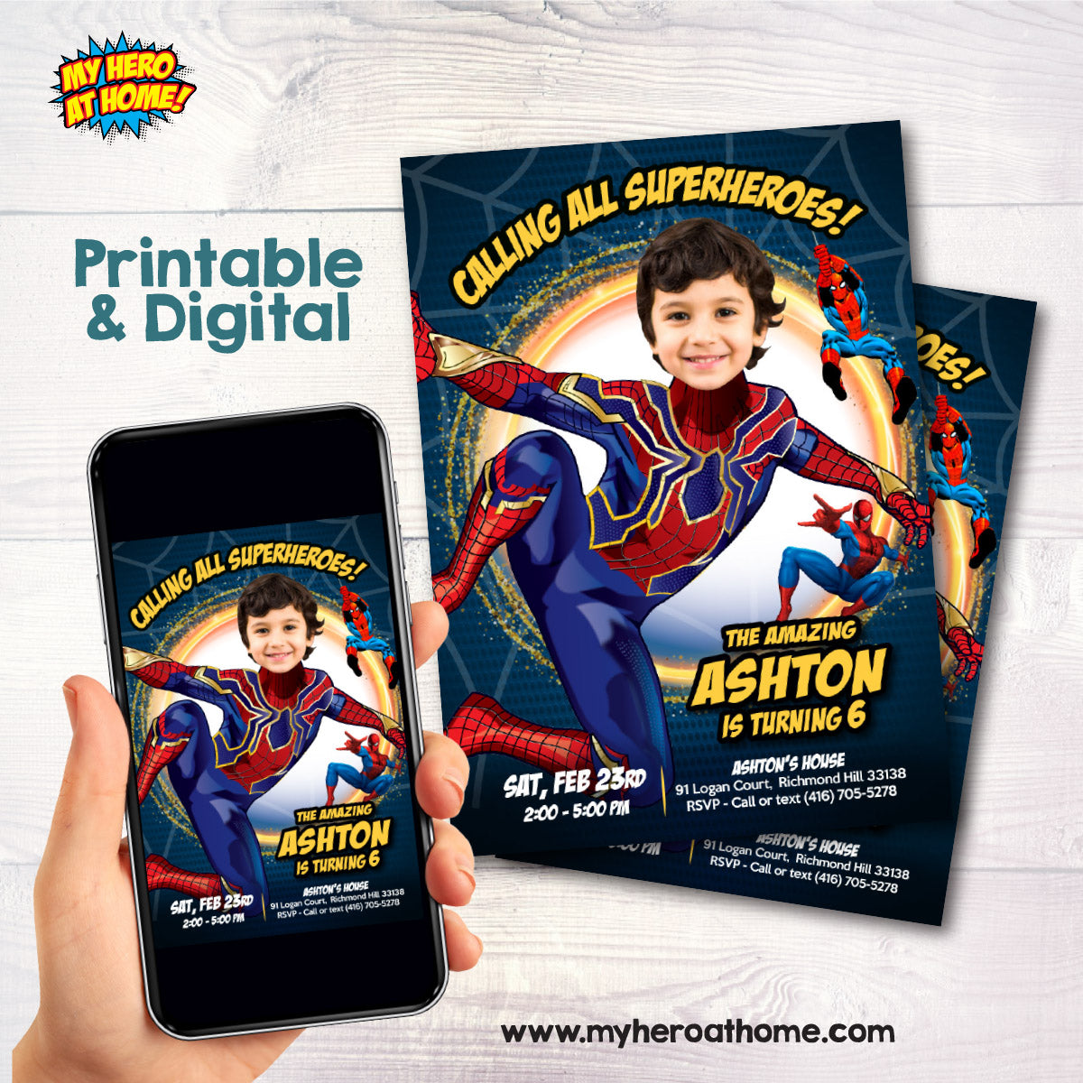 Iron Spiderman party Invitation with birthday boy as the main character (printable, Digital). 555IN