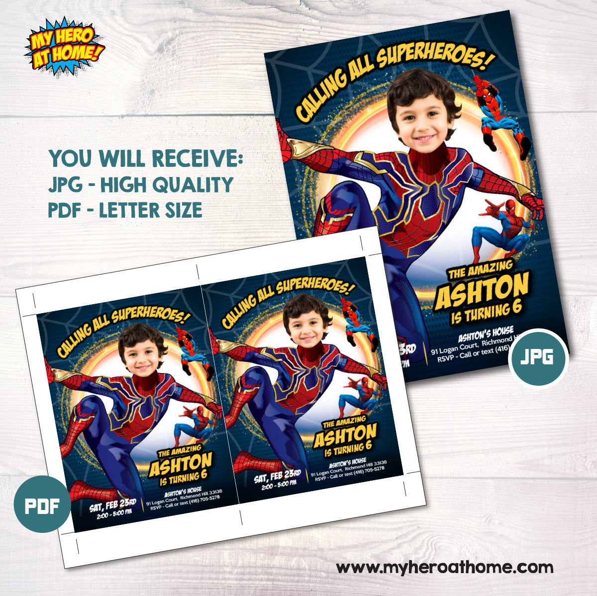 Iron Spiderman party Invitation with birthday boy as the main character (printable, Digital). 555IN