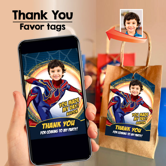 Custom Iron Spiderman Thank You and Favor Tag featuring birthday child as the star. 555TY