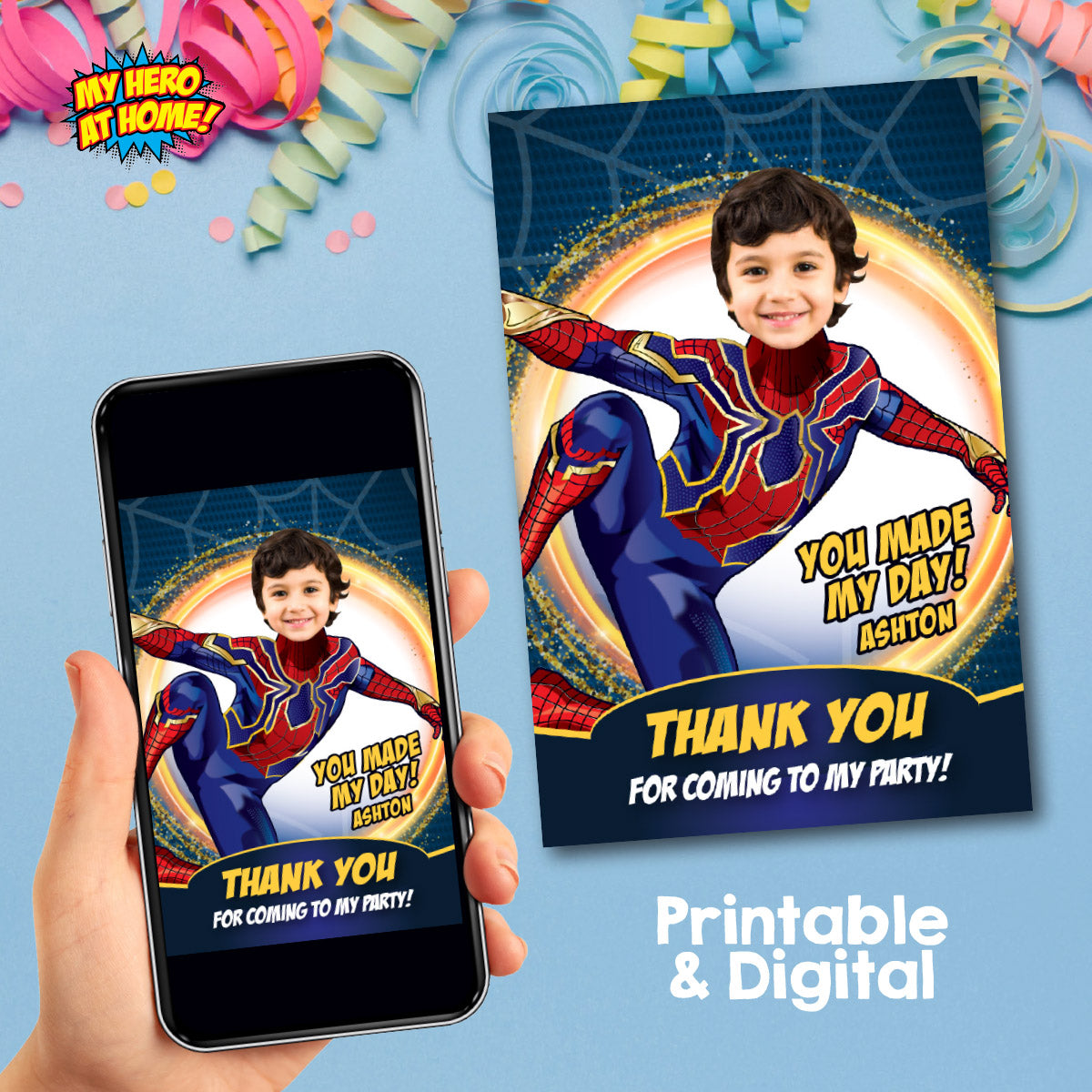 Custom Iron Spiderman Thank You and Favor Tag featuring birthday child as the star. 555TY