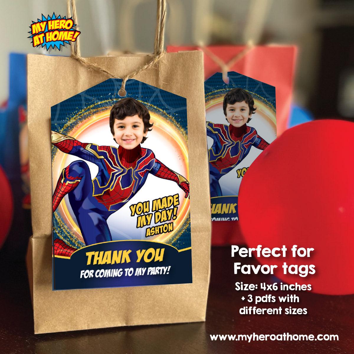 Custom Iron Spiderman Thank You and Favor Tag featuring birthday child as the star. 555TY