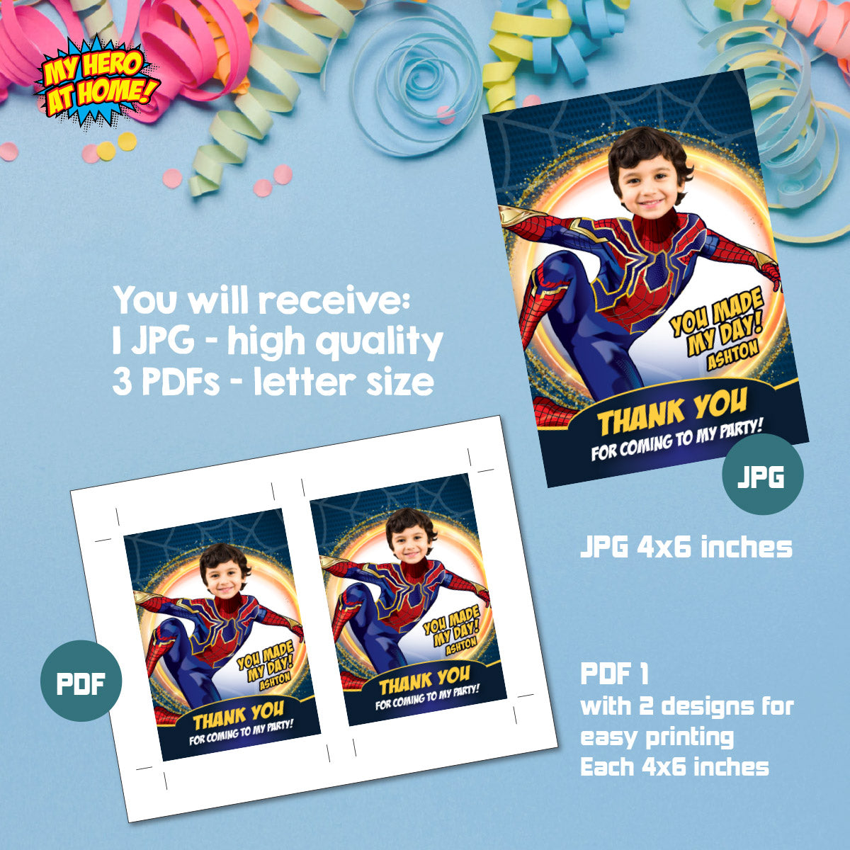 Custom Iron Spiderman Thank You and Favor Tag featuring birthday child as the star. 555TY