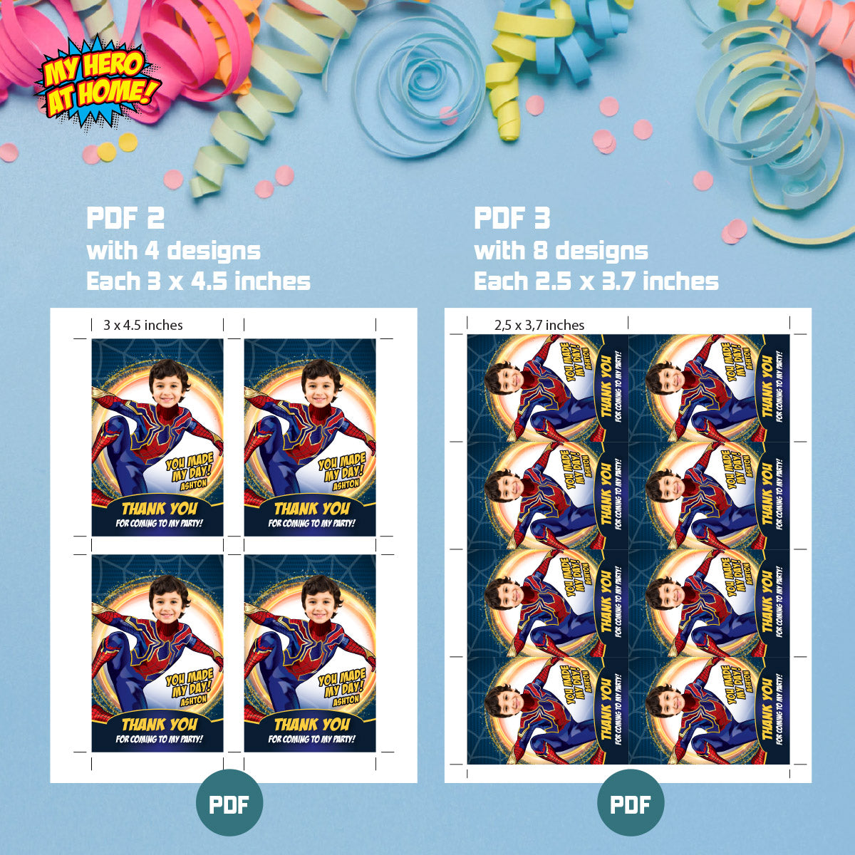 Custom Iron Spiderman Thank You and Favor Tag featuring birthday child as the star. 555TY