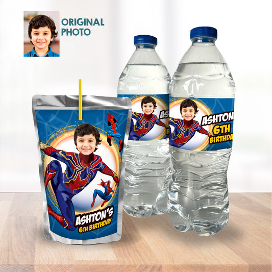 Custom Iron Spiderman water wrappers and juice labels featuring birthday kid as the star. 555WJ