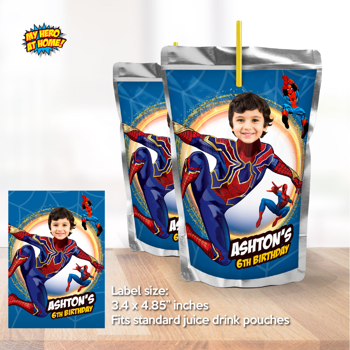 Custom Iron Spiderman water wrappers and juice labels featuring birthday kid as the star. 555WJ