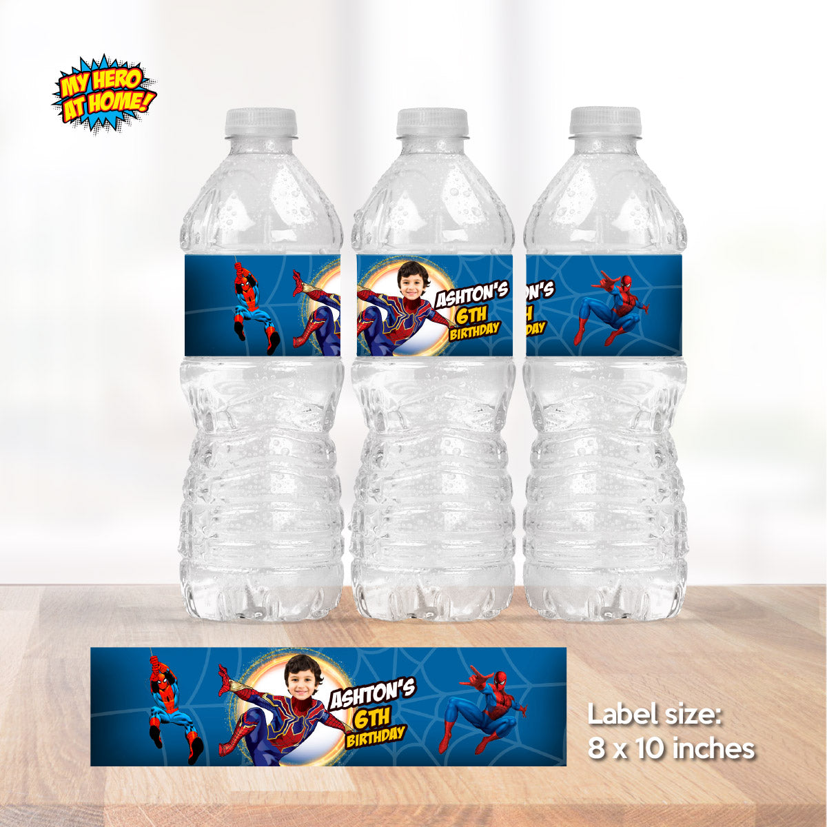 Custom Iron Spiderman water wrappers and juice labels featuring birthday kid as the star. 555WJ
