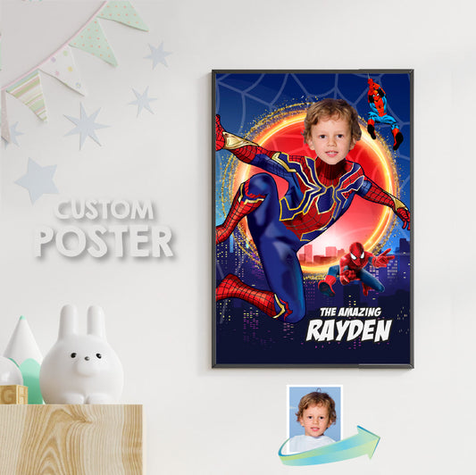 Iron Spider Poster with your kid as Spider-Man, Custom Iron Spiderman Print gift. 557B