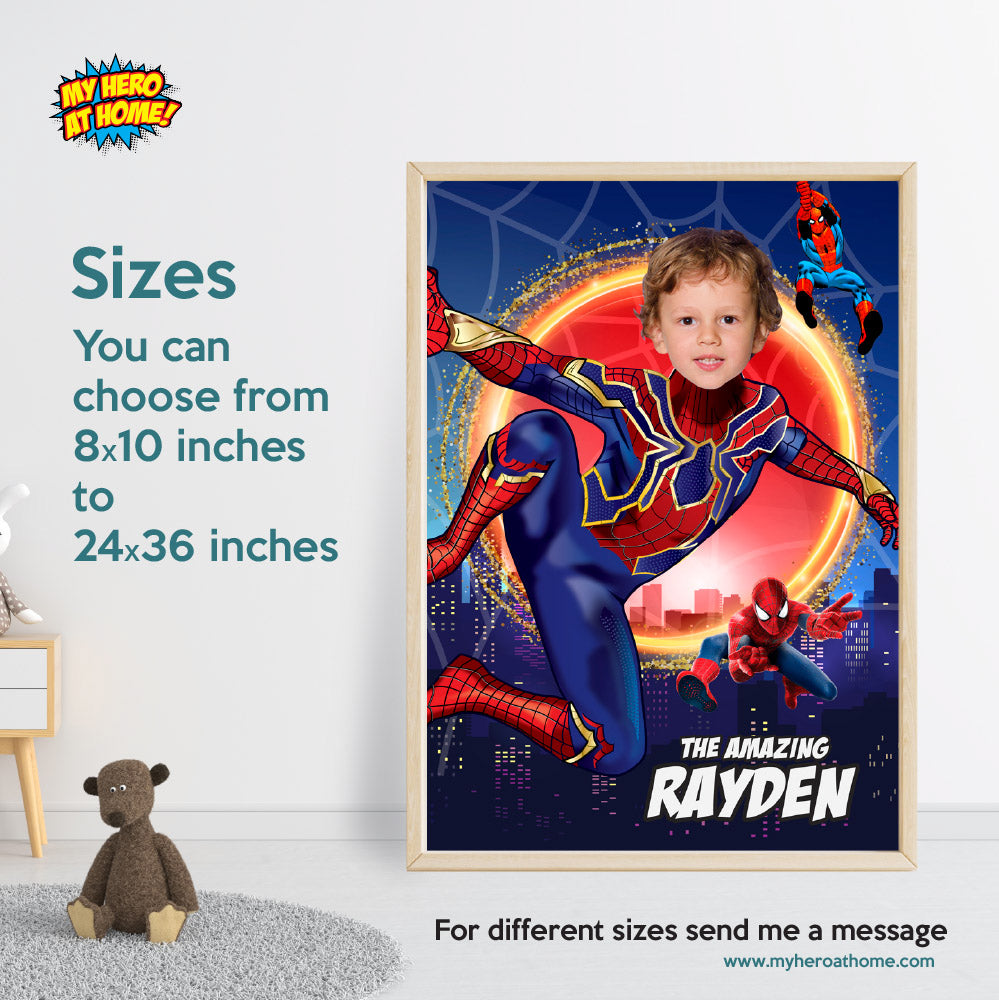 Iron Spider Poster with your kid as Spider-Man, Custom Iron Spiderman Print gift. 557B
