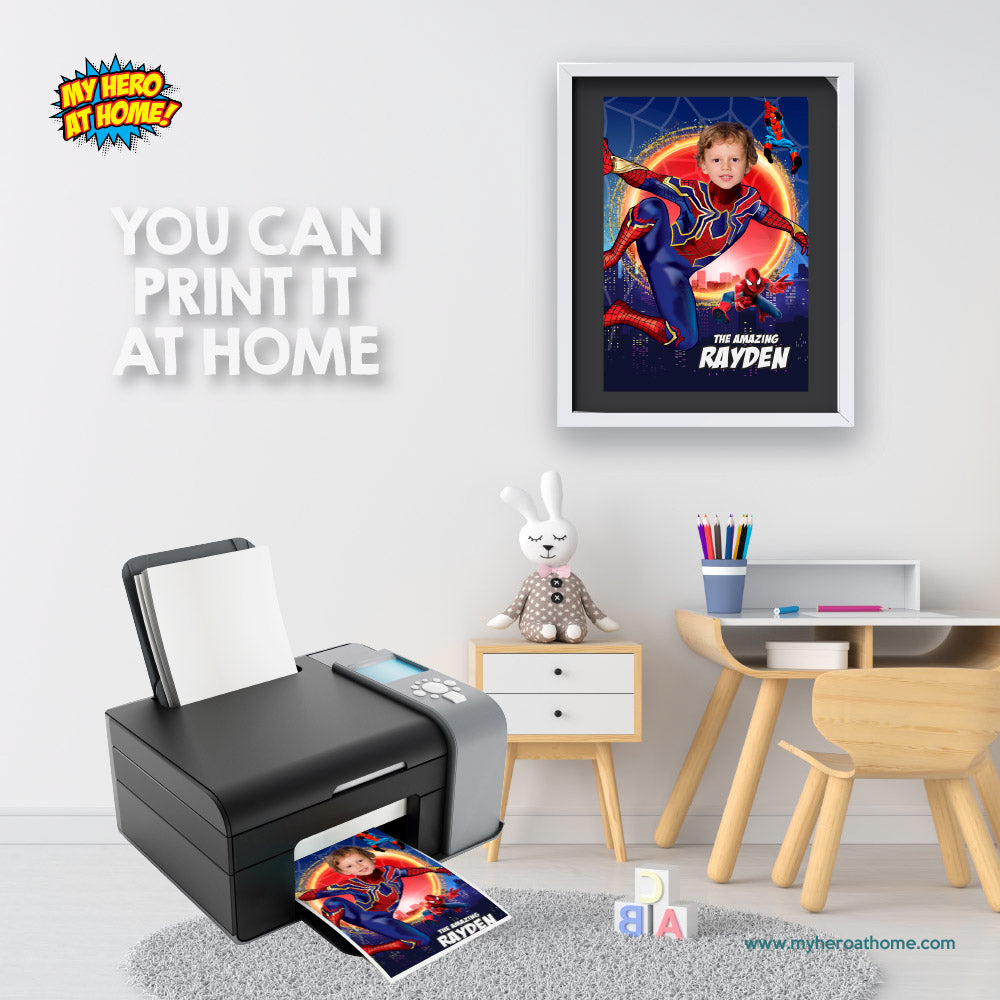 Iron Spider Poster with your kid as Spider-Man, Custom Iron Spiderman Print gift. 557B