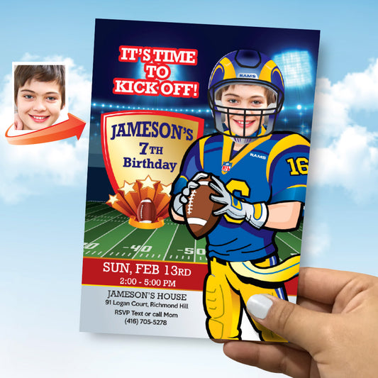 Angeles Rams Birthday Invitation with your kid as the star, Angeles Rams Kids Party invitation. 566IN
