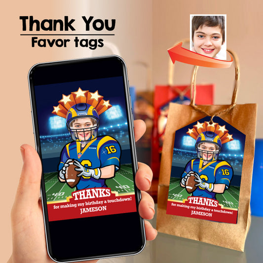 Personalized Angeles Rams thank you card with kid as player, Angeles Rams favor tags with photo. 566TY