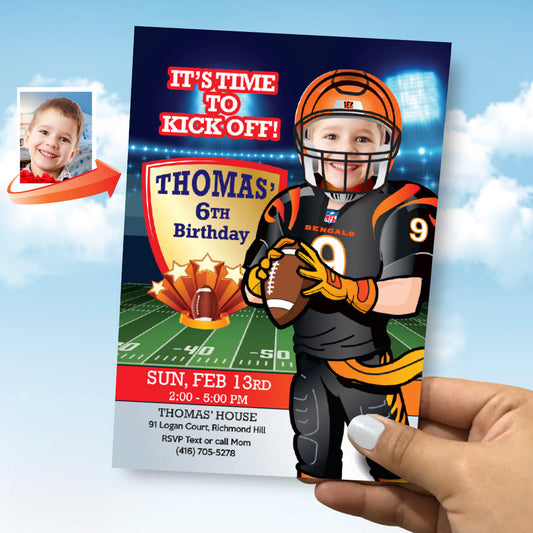 Cincinatti Bengals birthday party Invitation with your child as his favorite player, Bengals Kid Party invitation. 567IN