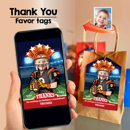 Cincinatti Bengals thank you card with kid as player, Bengals favor tags with photo. 567TY