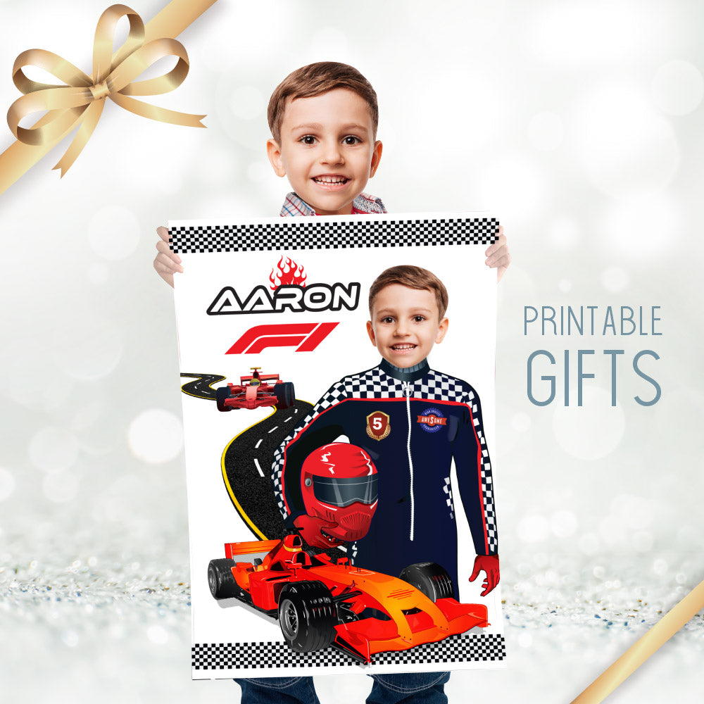Personalized Formula One Gift with child as the driver, Race car F1 printable Gifts. 568GF2
