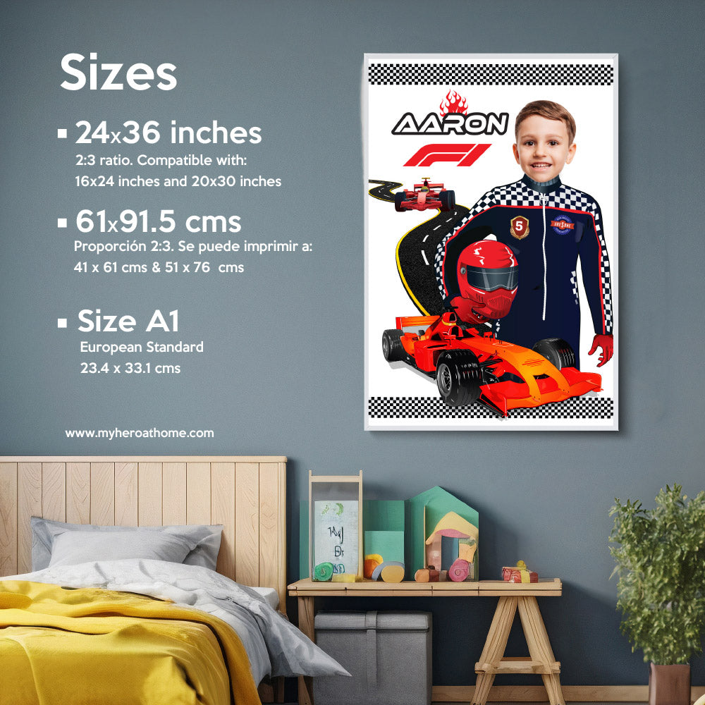 Personalized Formula One Gift with child as the driver, Race car F1 printable Gifts. 568GF2