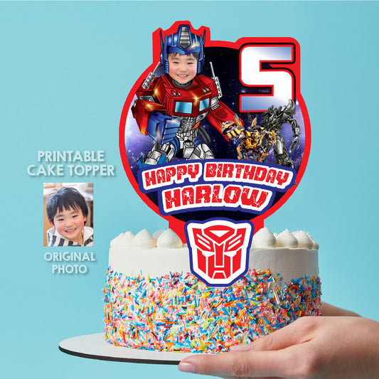 Optimus Prime Cake topper with kid as his favorite Autobot, Printable Transformers cake decor with photo. 577