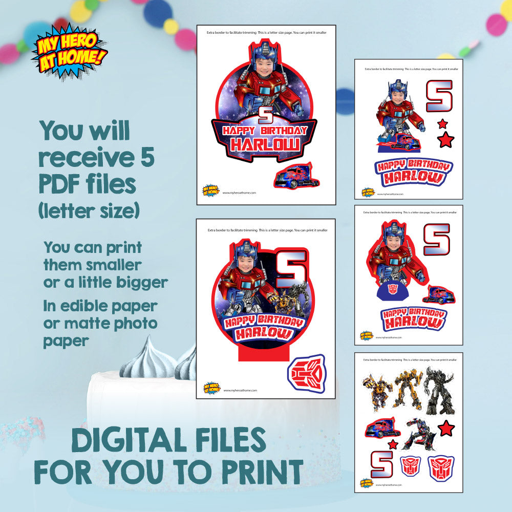 Optimus Prime Cake topper with kid as his favorite Autobot, Printable Transformers cake decor with photo. 577