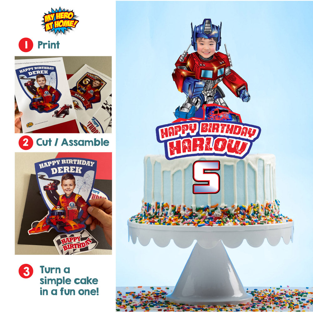Optimus Prime Cake topper with kid as his favorite Autobot, Printable Transformers cake decor with photo. 577