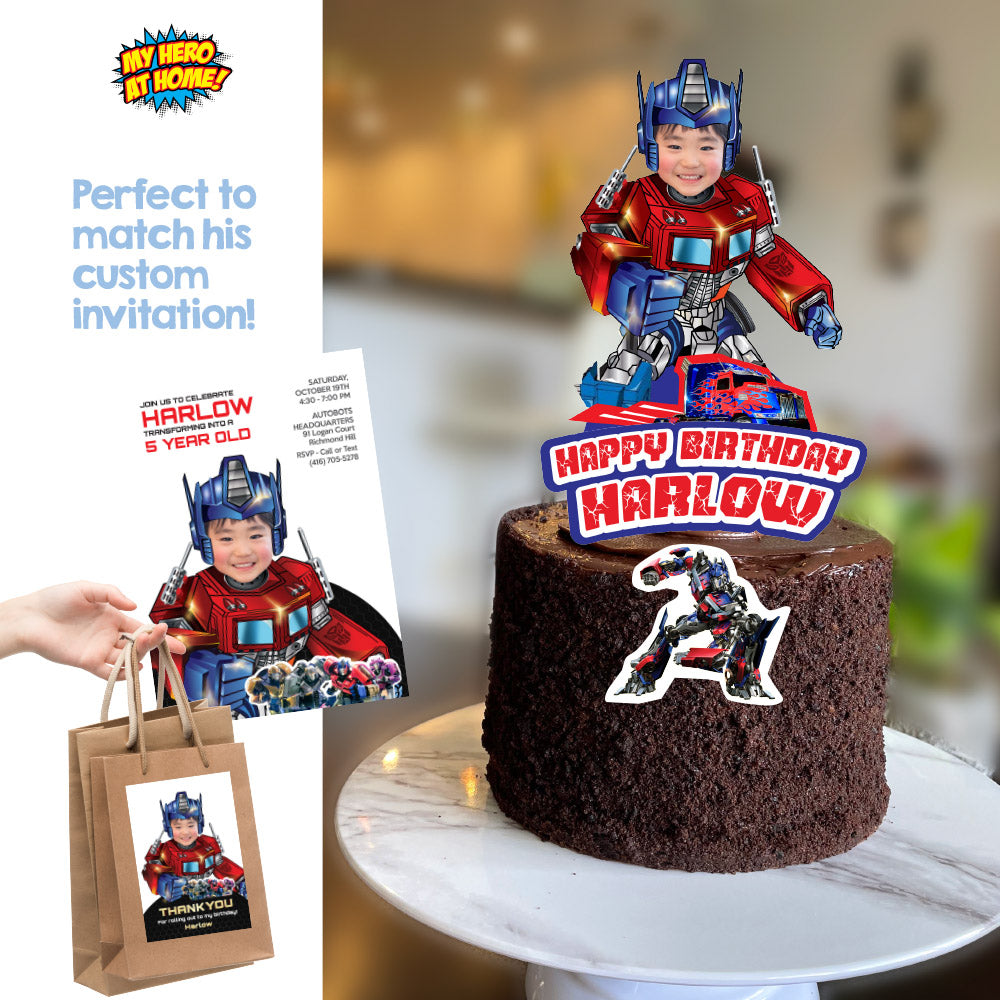 Optimus Prime Cake topper with kid as his favorite Autobot, Printable Transformers cake decor with photo. 577